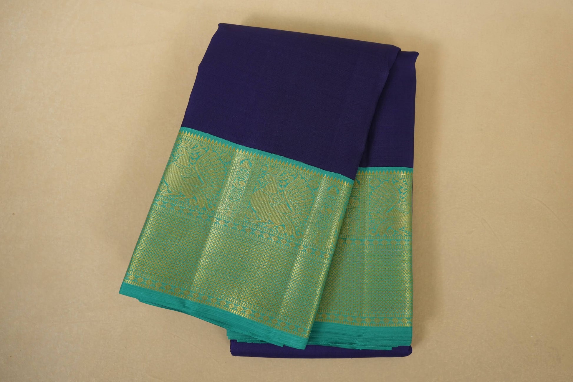Folded Dark Blue with Rama Green Borders Vintage Kanjivaram Silk Saree