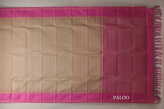 Beige with Pink Borders Light Weight Kanjivaram Silk Saree paloo