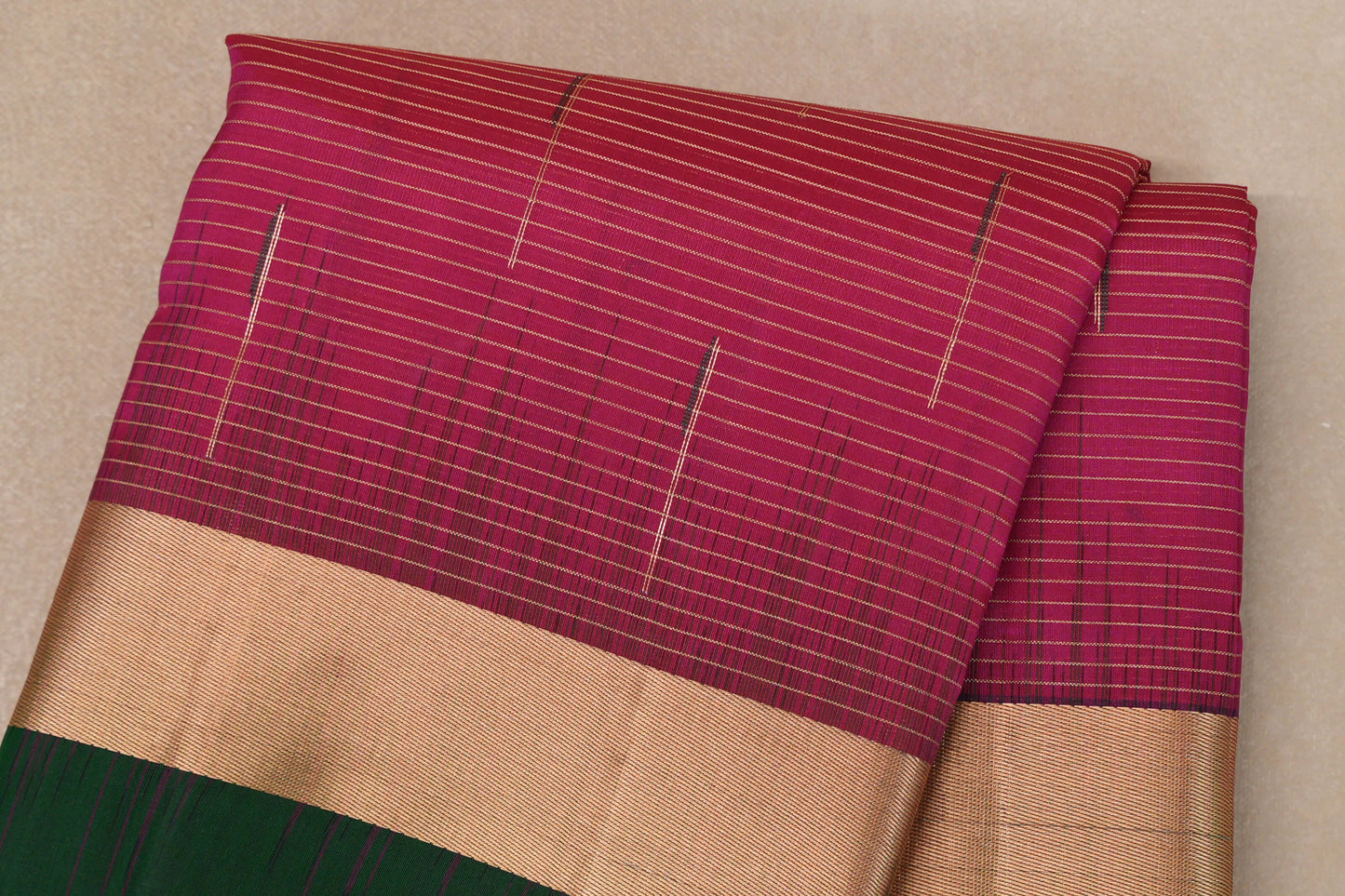 Bright Pink with Deep Bottle Green Borders Light Weight Kanjivaram Silk Saree body