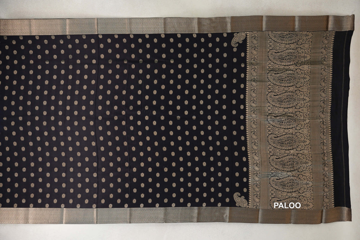 Jet Black Mysore Silk Saree paloo