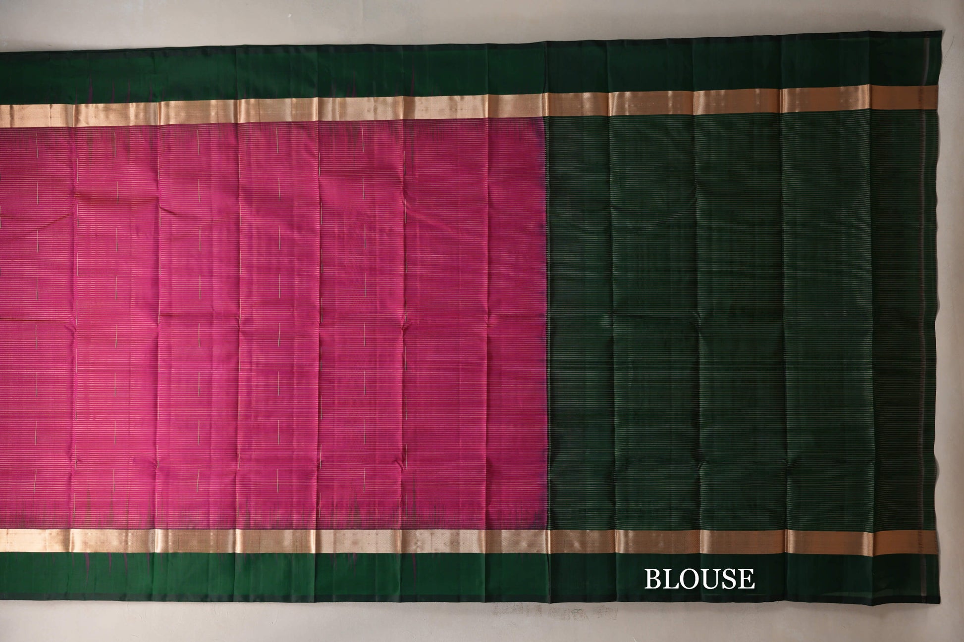 Bright Pink with Deep Bottle Green Borders Light Weight Kanjivaram Silk Saree blouse