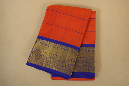 Folded Orange with Ink Blue Borders Vintage Kanjivaram Silk Saree