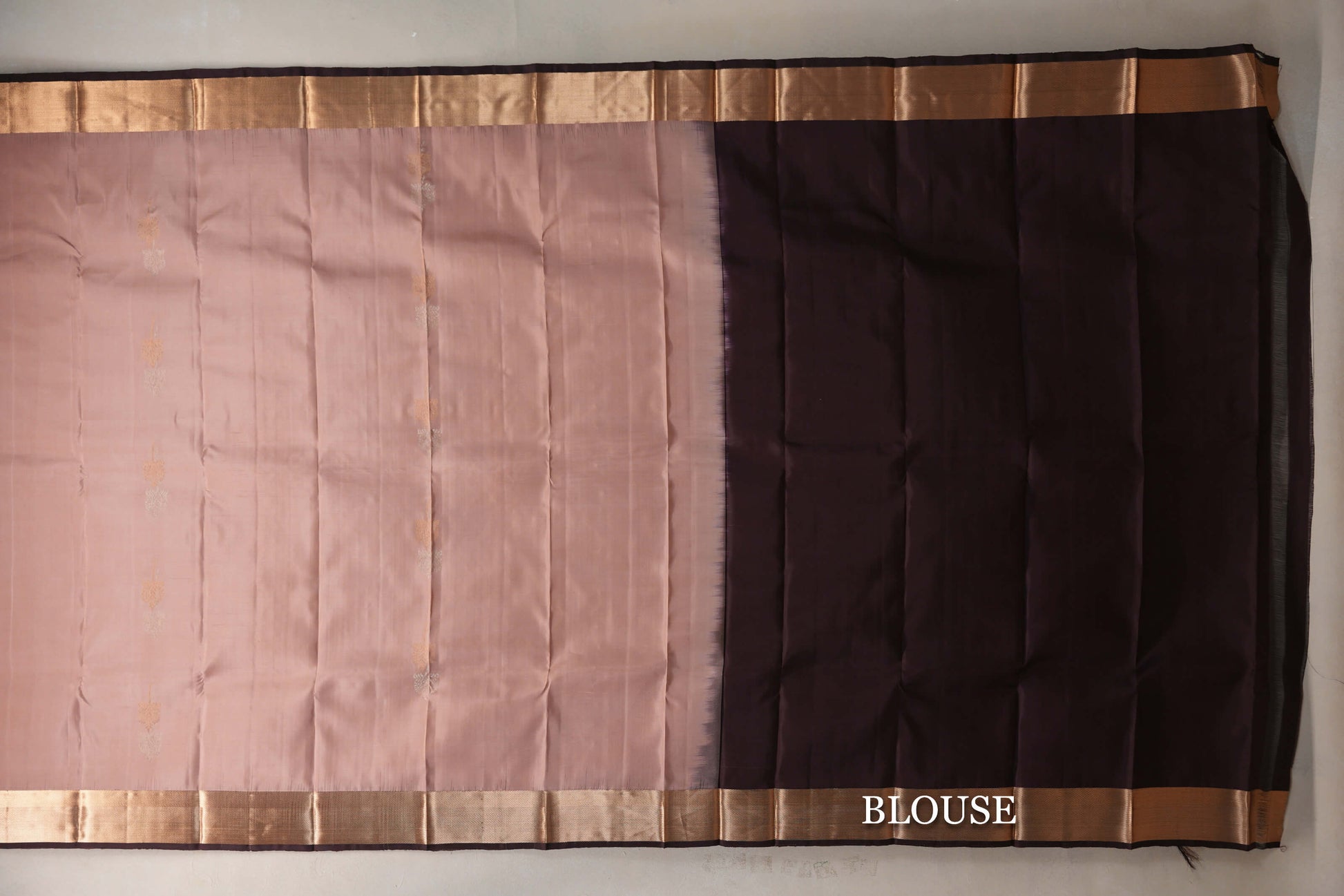 Pastel Onion Pink with Dark Coffee Brown Borders Light Weight Kanjivaram Silk Saree blouse