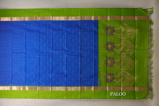 Deep Blue with Parrot Green Borders Light Weight Kanjivaram Silk Saree paloo