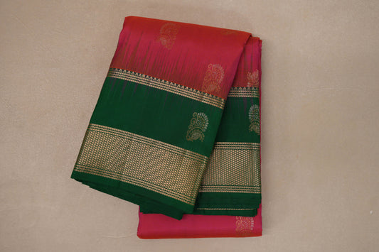 Orangish Pink with Deep Bottle Green Borders Light Weight Kanjivaram Silk Saree