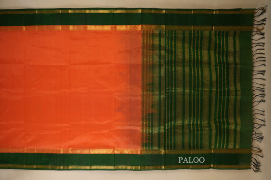 Light Orange with Green Borders Silk Cotton Saree Paloo