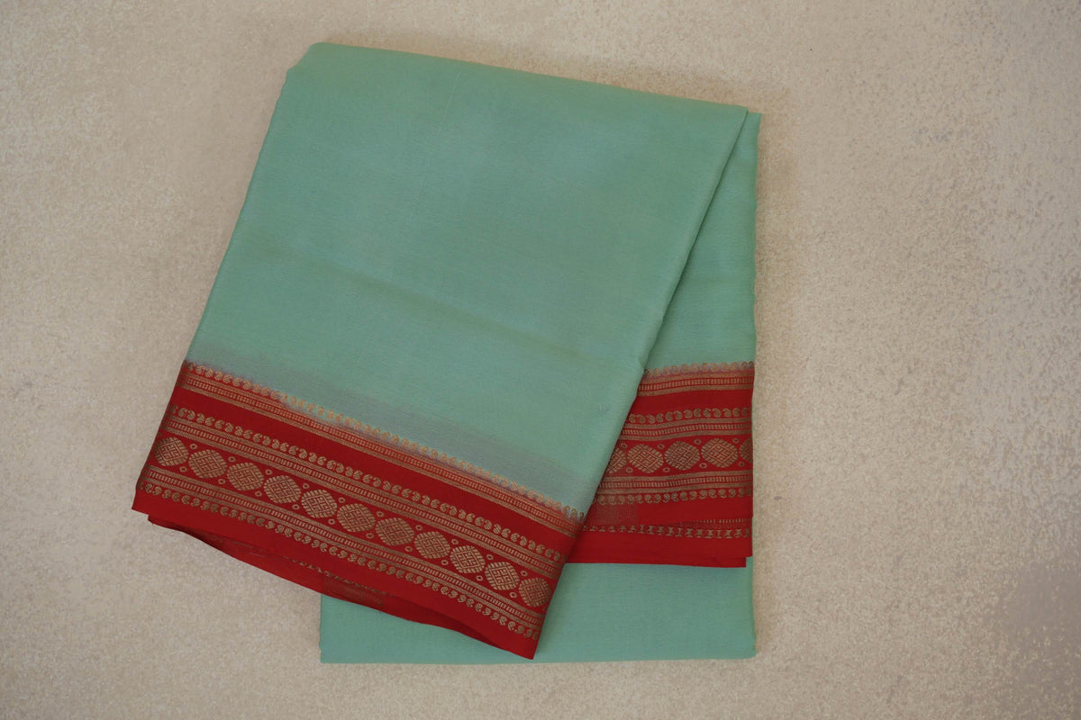Mint Green with Bright Red Borders Mysore Silk Saree