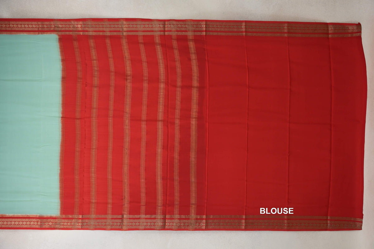 Mint Green with Bright Red Borders Mysore Silk Saree blouse