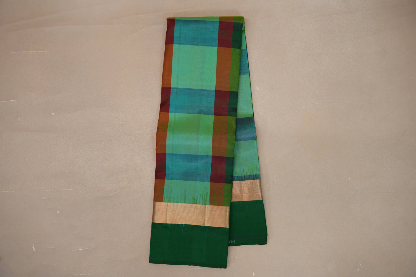 Online Multi Color Checks with Deep Bottle Green Borders Light Weight Kanjivaram Silk Saree