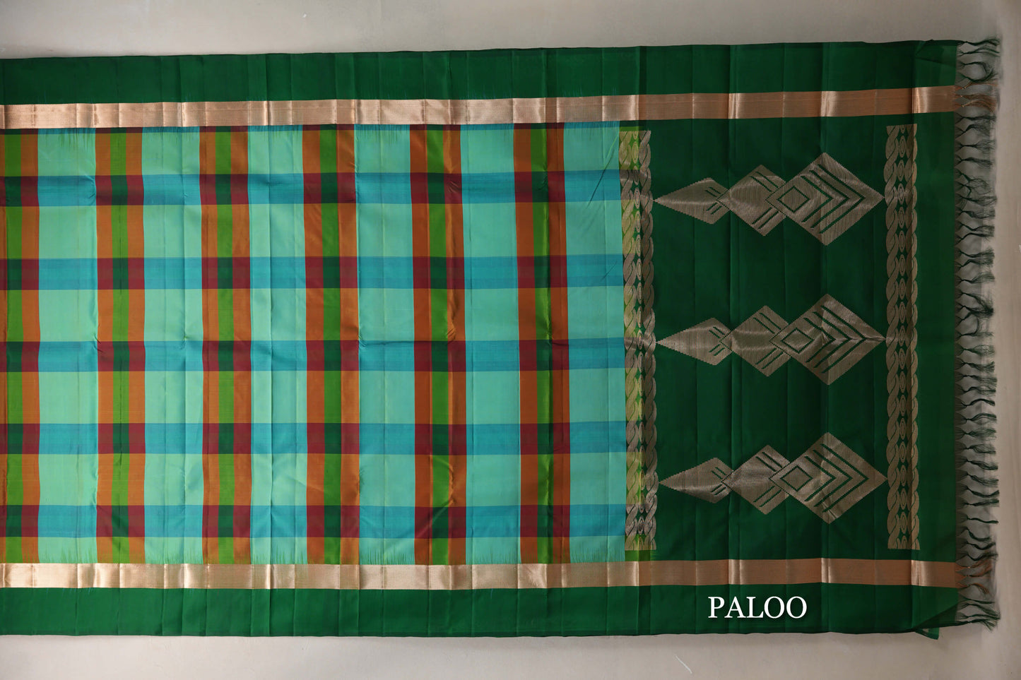 Multi Color Checks with Deep Bottle Green Borders Light Weight Kanjivaram Silk Saree paloo