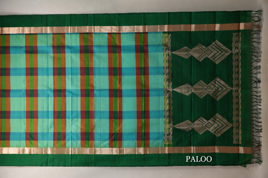 Multi Color Checks with Deep Bottle Green Borders Light Weight Kanjivaram Silk Saree paloo