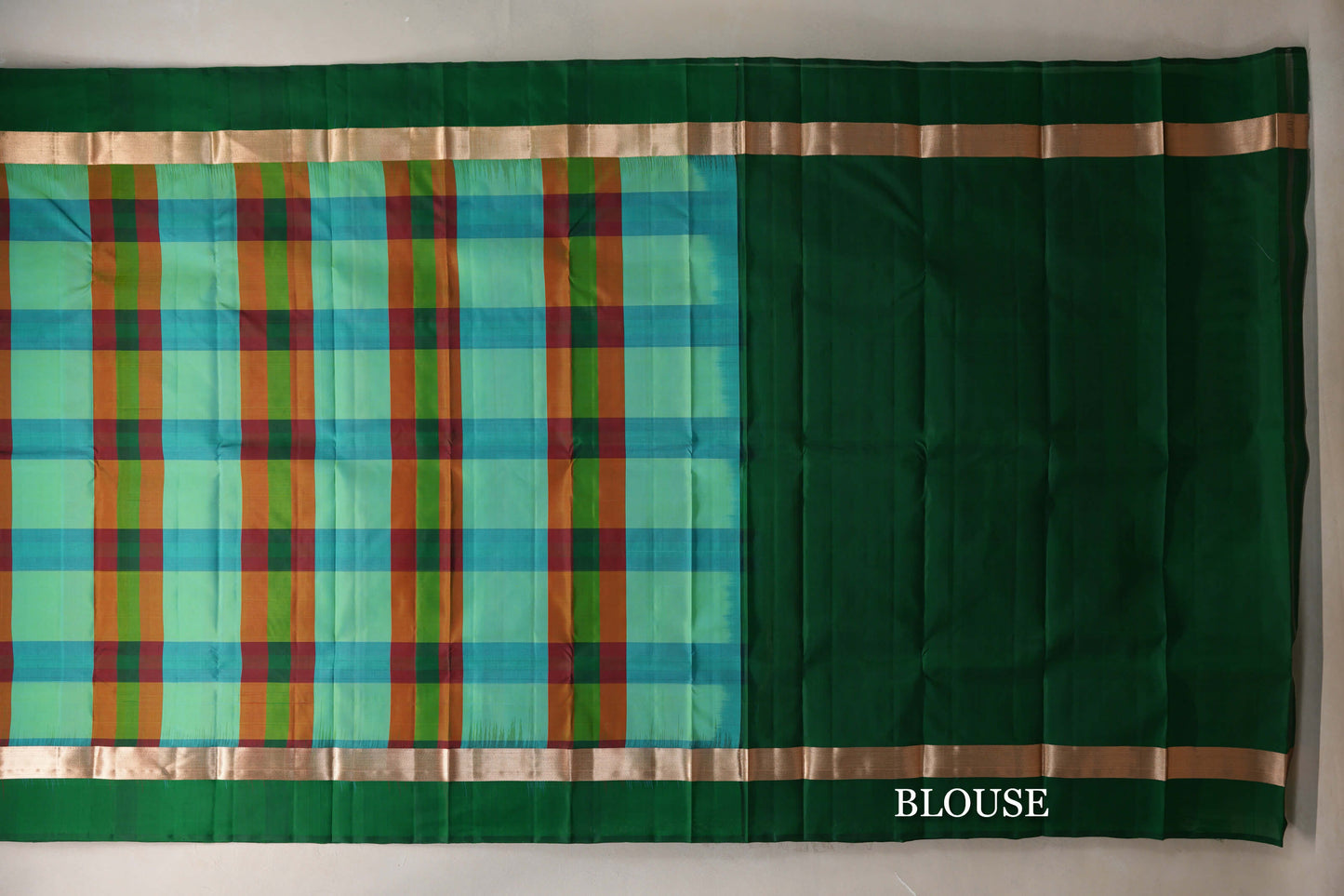 Multi Color Checks with Deep Bottle Green Borders Light Weight Kanjivaram Silk Saree blouse