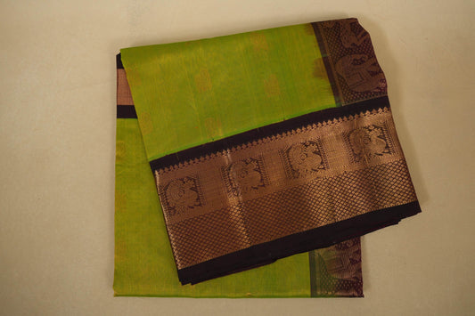 Folded Fluorescent Green with Burgundy Maroon Borders Silk Cotton Saree
