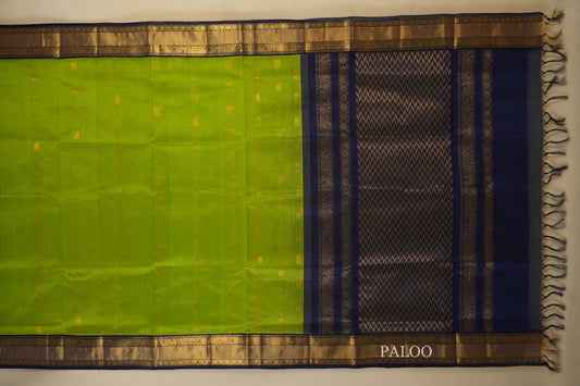 Parrot Green with Navy Blue Borders Silk Cotton Saree Paloo
