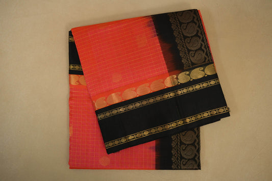 Folded Peach Pink with Black Borders Silk Cotton Saree 