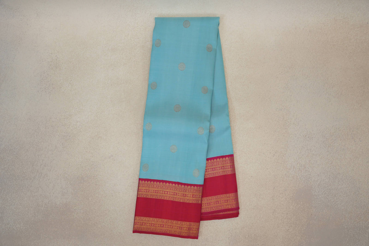 Online Sky Blue with Bright Rani Pink Rettai Pettu Borders Vintage Kanjivaram Silk Saree