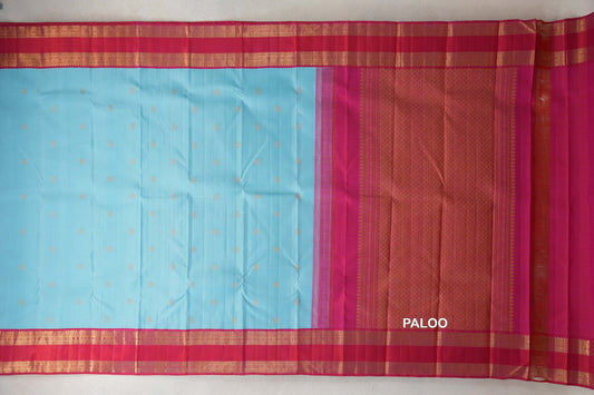 Sky Blue with Bright Rani Pink Rettai Pettu Borders Vintage Kanjivaram Silk Saree paloo