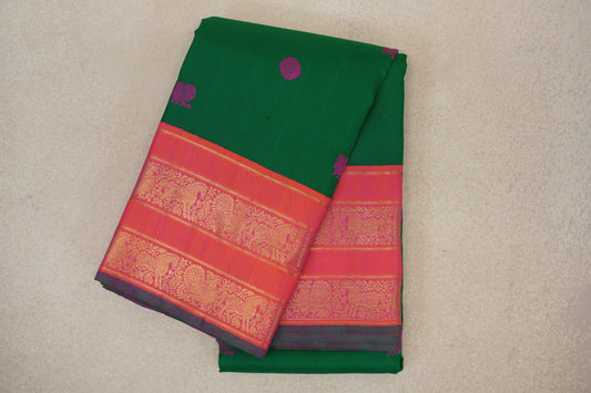 Emerald Green with Dual Tone Orange and Pink with Green Selvedge Borders Vintage Kanjivaram Silk Saree