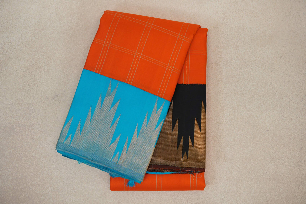 Bright Orange with Bright Aqua Blue/Black Temple Borders Vintage Kanjivaram Silk Saree