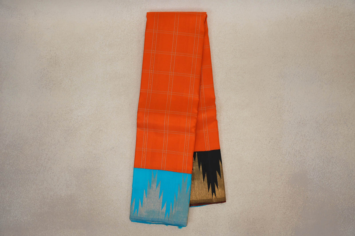 Online Bright Orange with Bright Aqua Blue/Black Temple Borders Vintage Kanjivaram Silk Saree