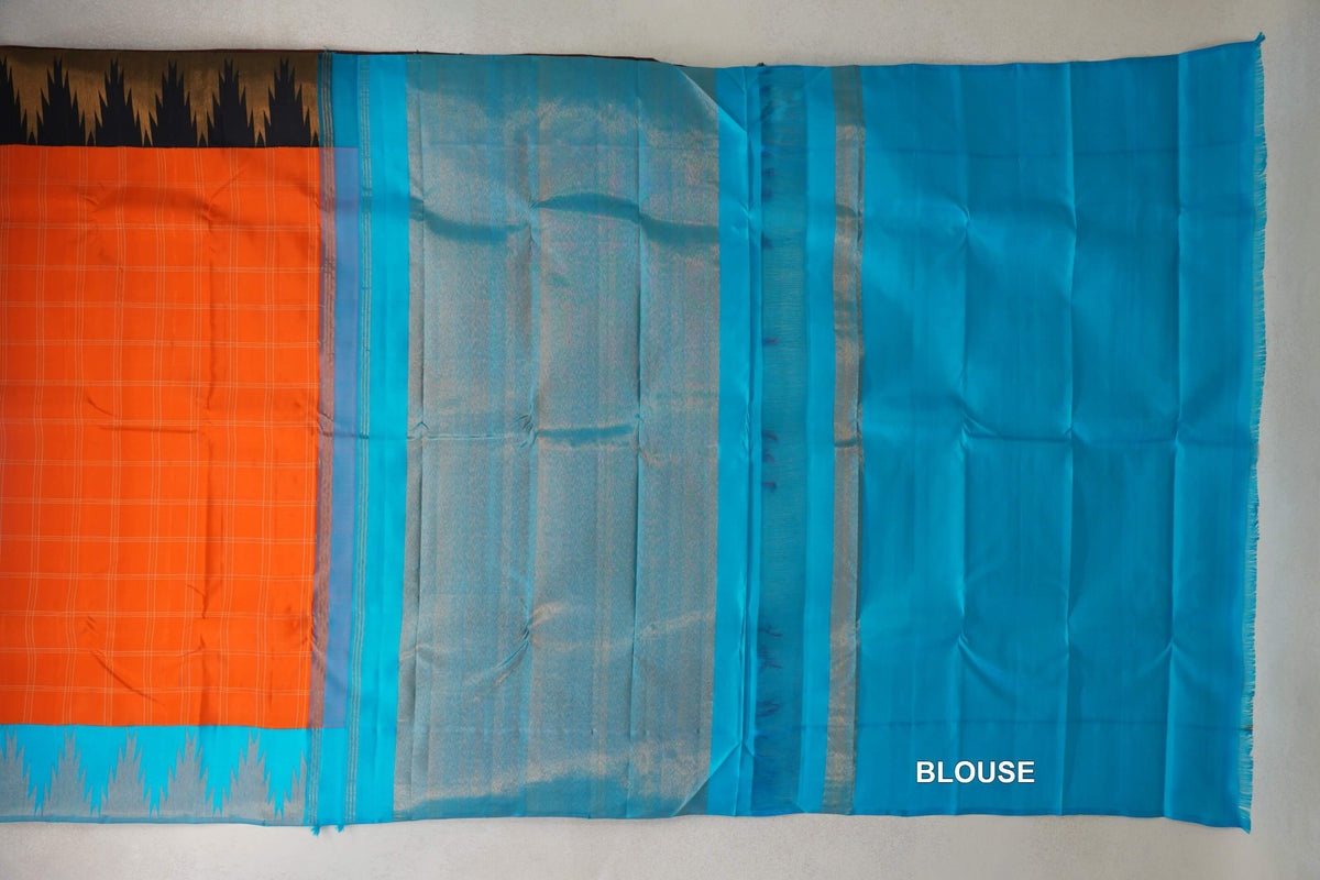 Bright Orange with Bright Aqua Blue/Black Temple Borders Vintage Kanjivaram Silk Saree blouse