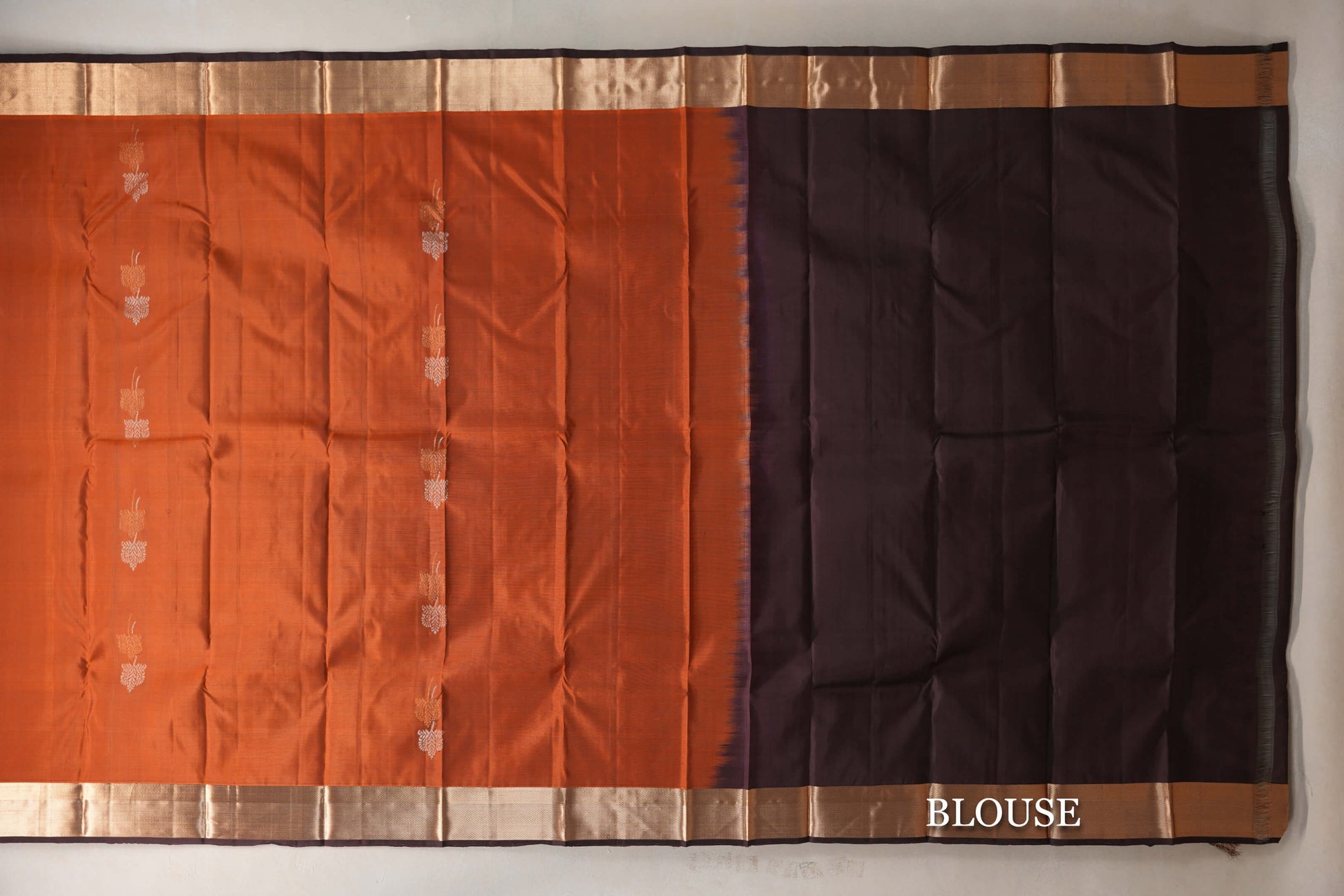 Brownish Orange with Dark Coffee Brown Light Weight Kanjivaram Silk Saree blouse