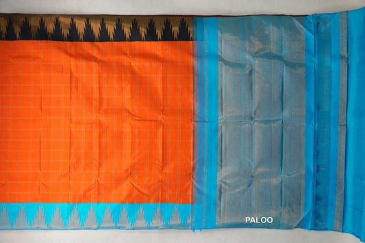 Bright Orange with Bright Aqua Blue/Black Temple Borders Vintage Kanjivaram Silk Saree paloo