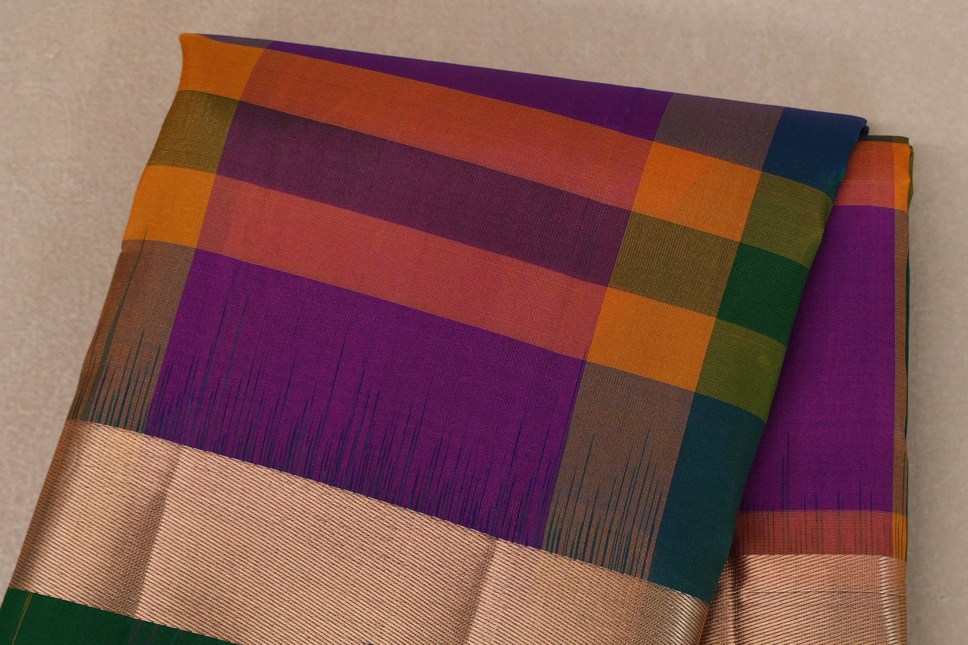 Multi Color Checks with Deep Bottle Green Borders Light Weight Kanjivaram Silk Saree body