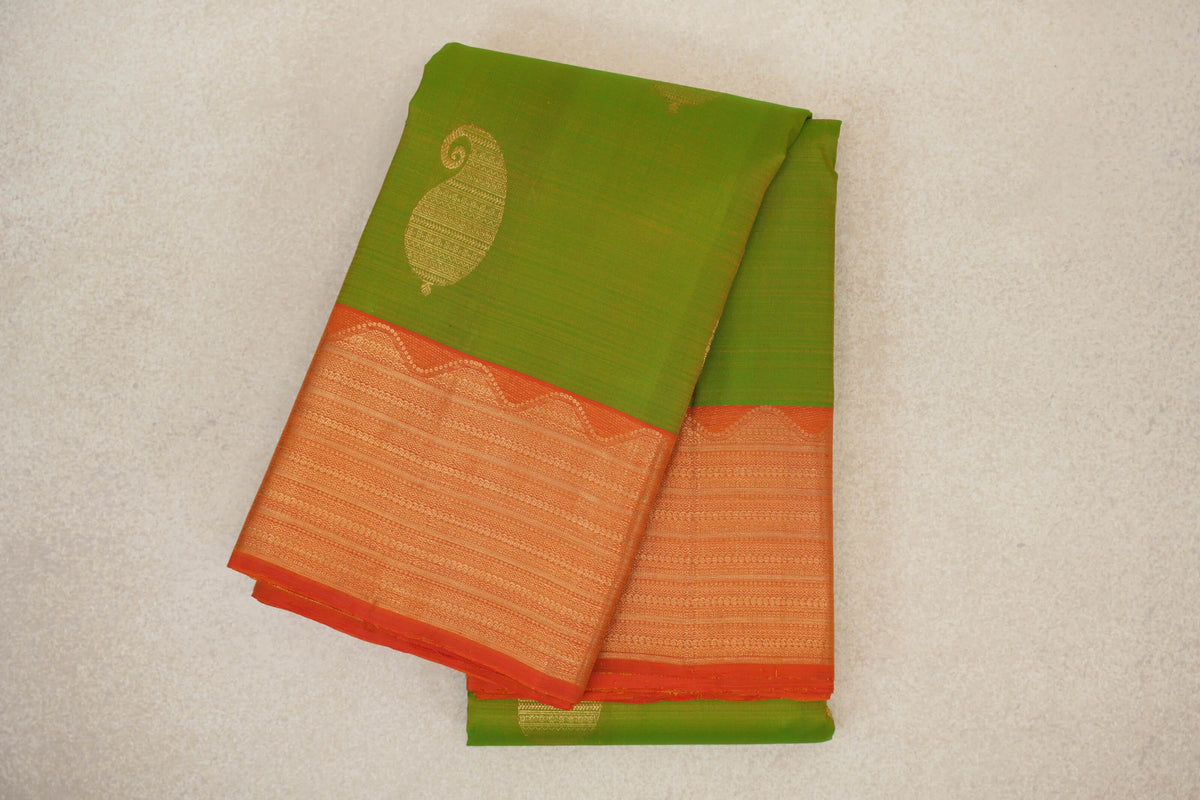 Parrot Green with Reddish Orange Borders Vintage Kanjivaram Silk Saree