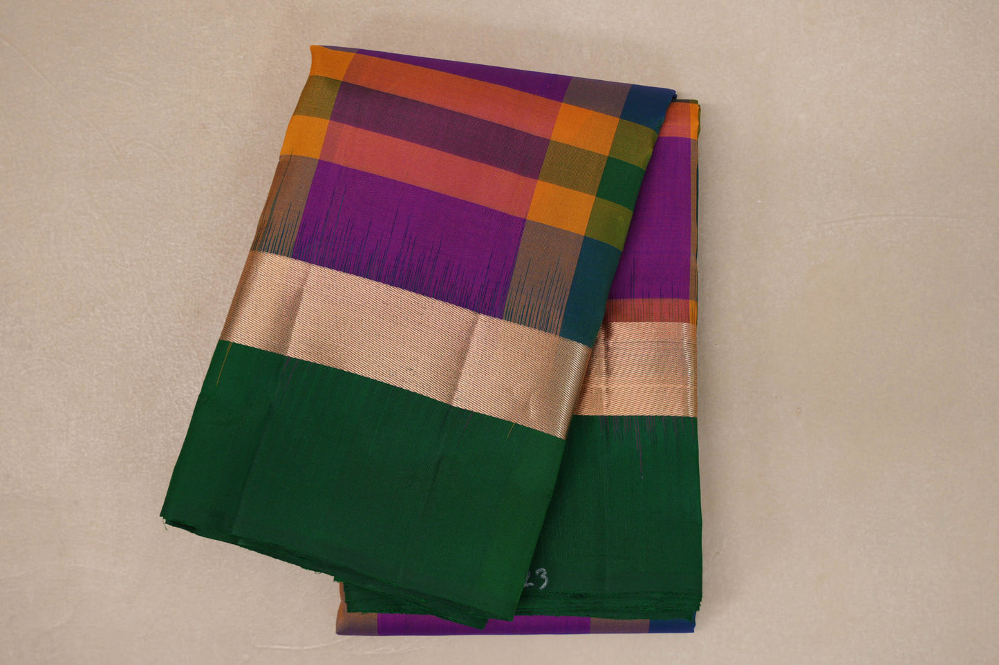 Multi Color Checks with Deep Bottle Green Borders Light Weight Kanjivaram Silk Saree