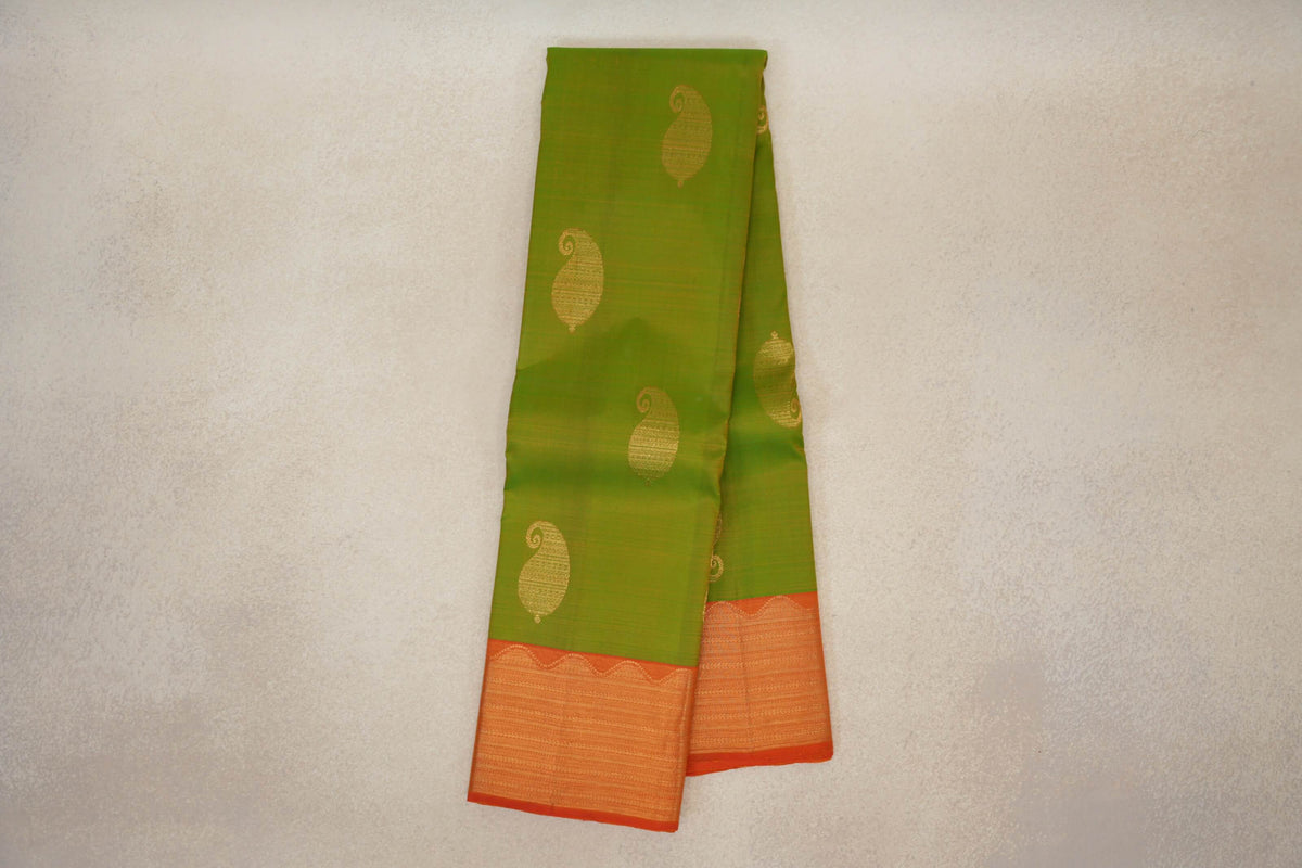 Online Parrot Green with Reddish Orange Borders Vintage Kanjivaram Silk Saree