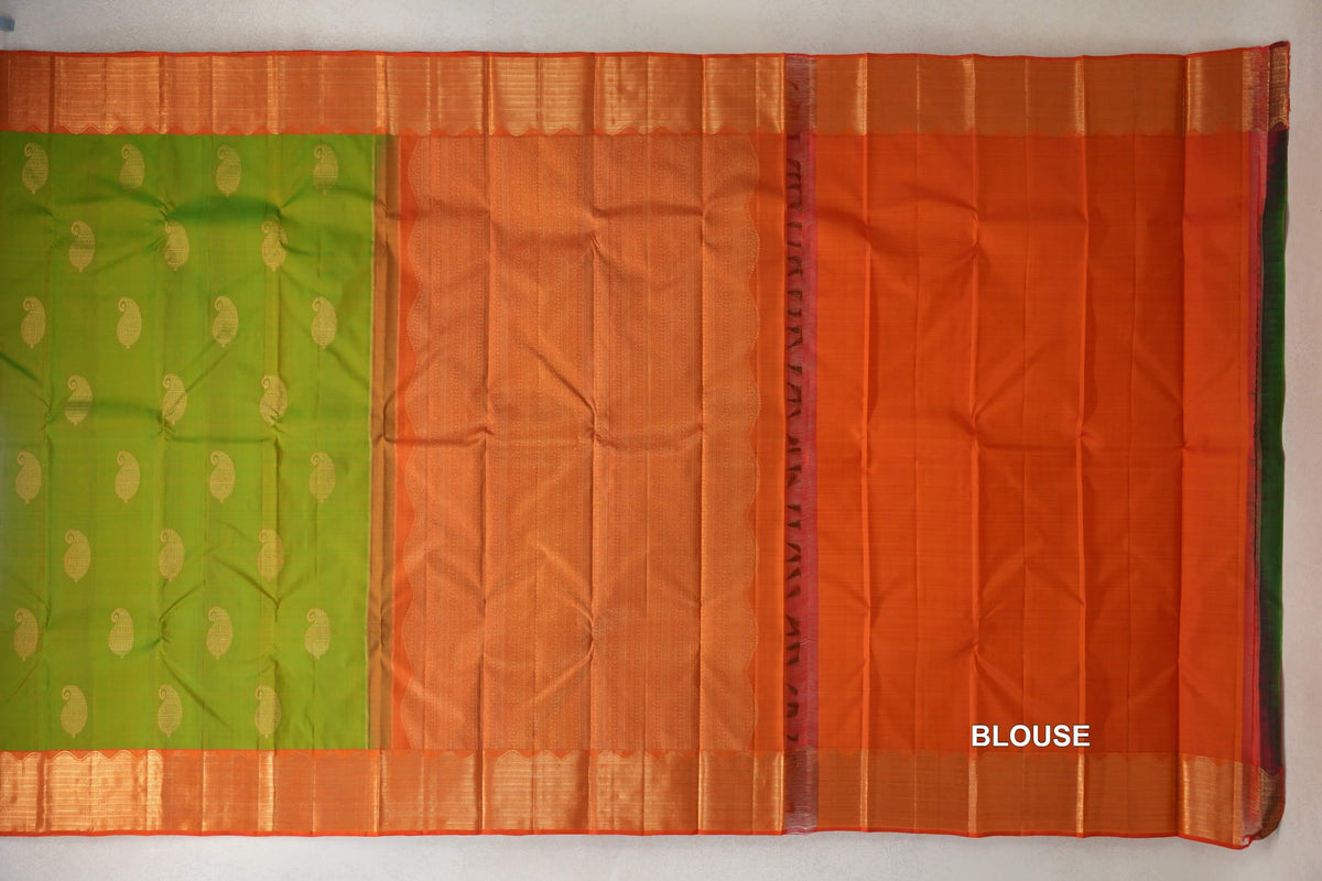 Parrot Green with Reddish Orange Borders Vintage Kanjivaram Silk Saree blouse
