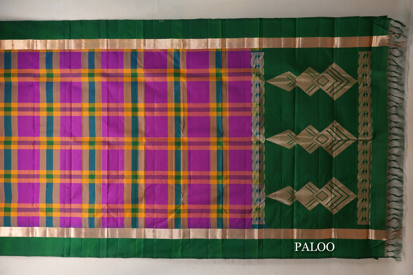 Multi Color Checks with Deep Bottle Green Borders Light Weight Kanjivaram Silk Saree paloo