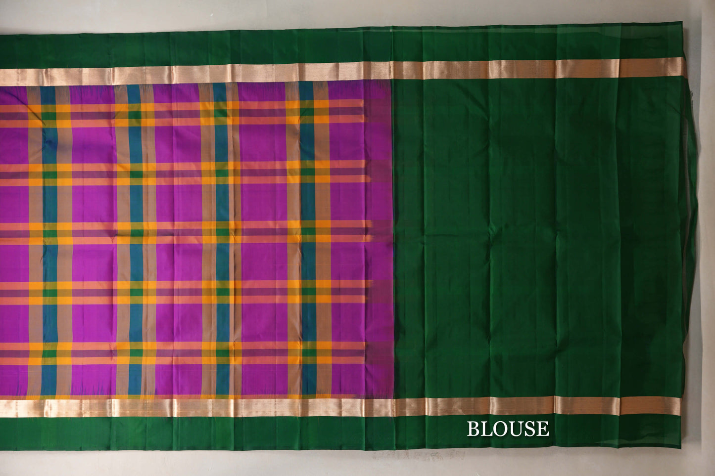 Multi Color Checks with Deep Bottle Green Borders Light Weight Kanjivaram Silk Saree blouse