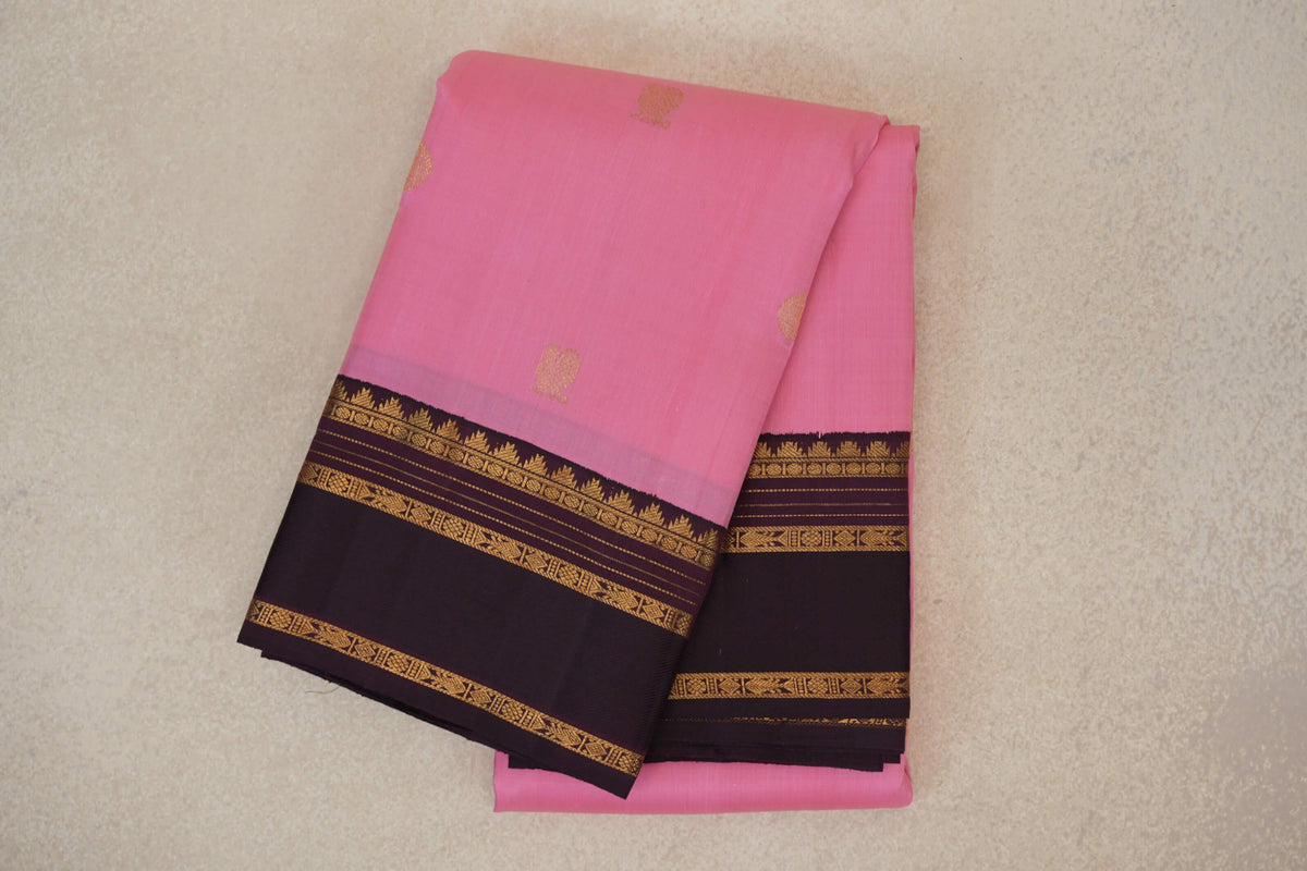 Pastel Pink with Dark Plum Rettai Pettu Borders Vintage Kanjivaram Silk Saree