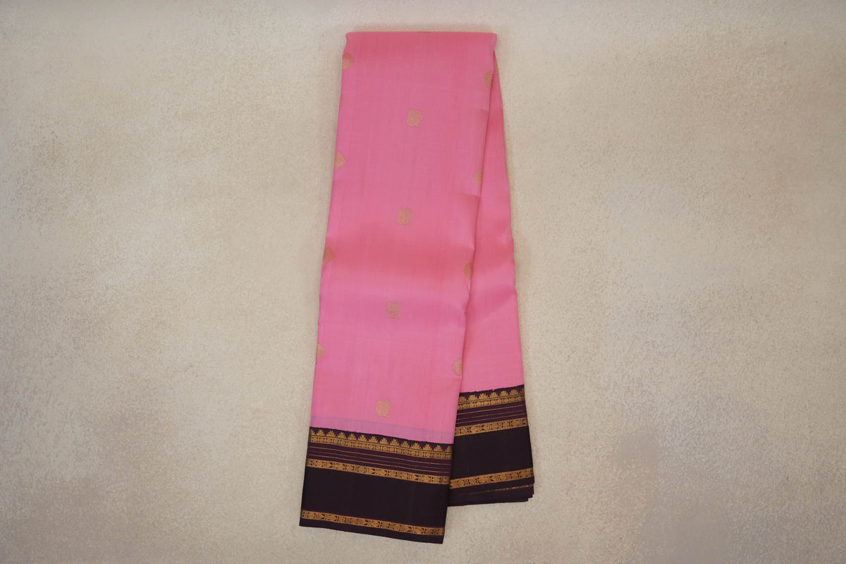 Online Pastel Pink with Dark Plum Rettai Pettu Borders Vintage Kanjivaram Silk Saree