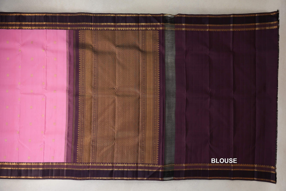 Pastel Pink with Dark Plum Rettai Pettu Borders Vintage Kanjivaram Silk Saree blouse