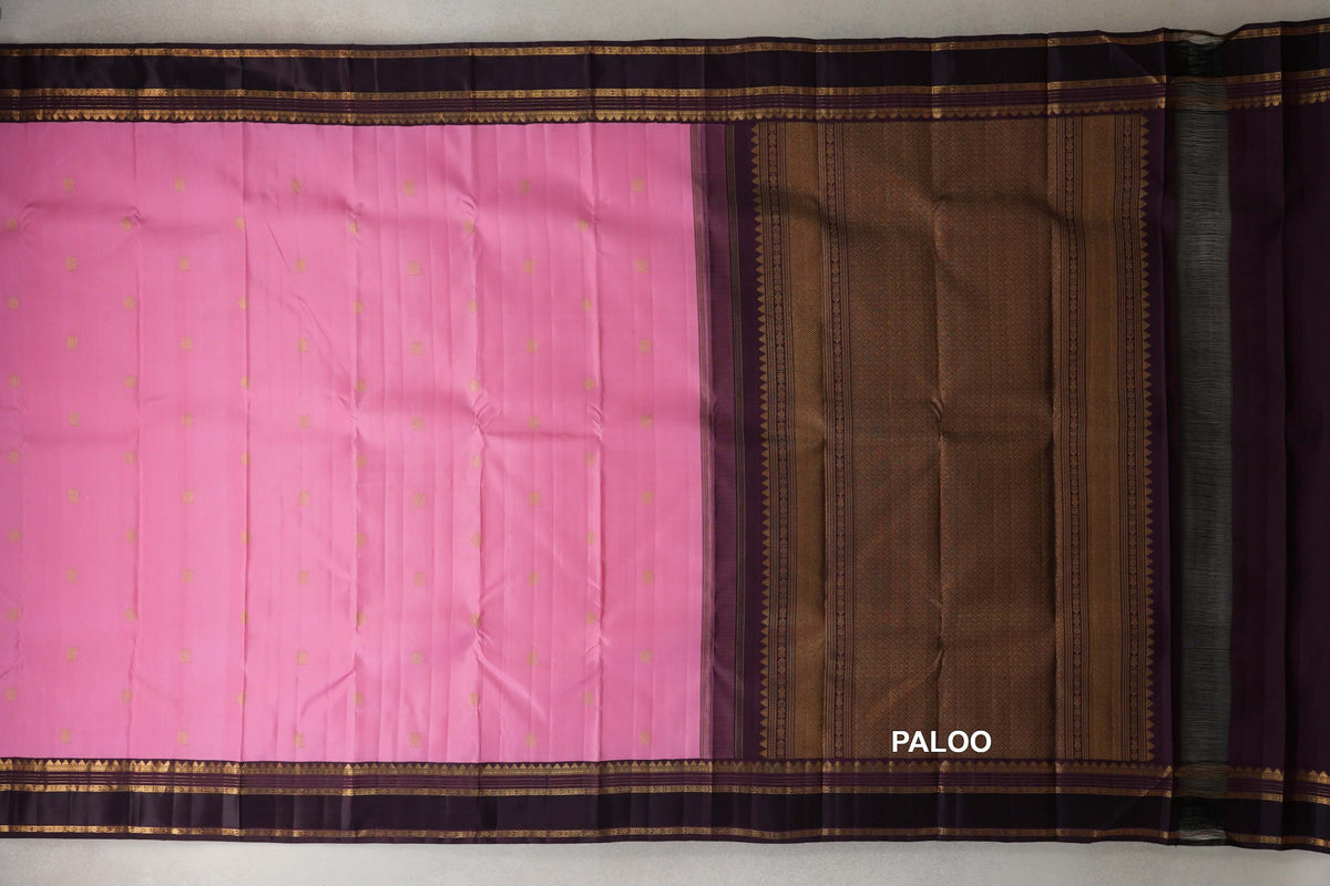 Pastel Pink with Dark Plum Rettai Pettu Borders Vintage Kanjivaram Silk Saree paloo
