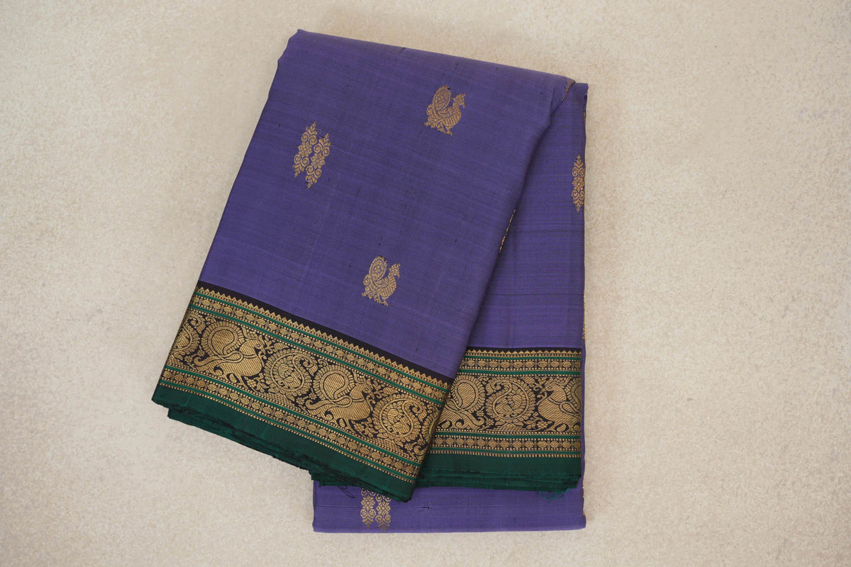 Dark Lavender with Deep Plum with Bottle Green Selvedge Borders Vintage Kanjivaram Silk Saree