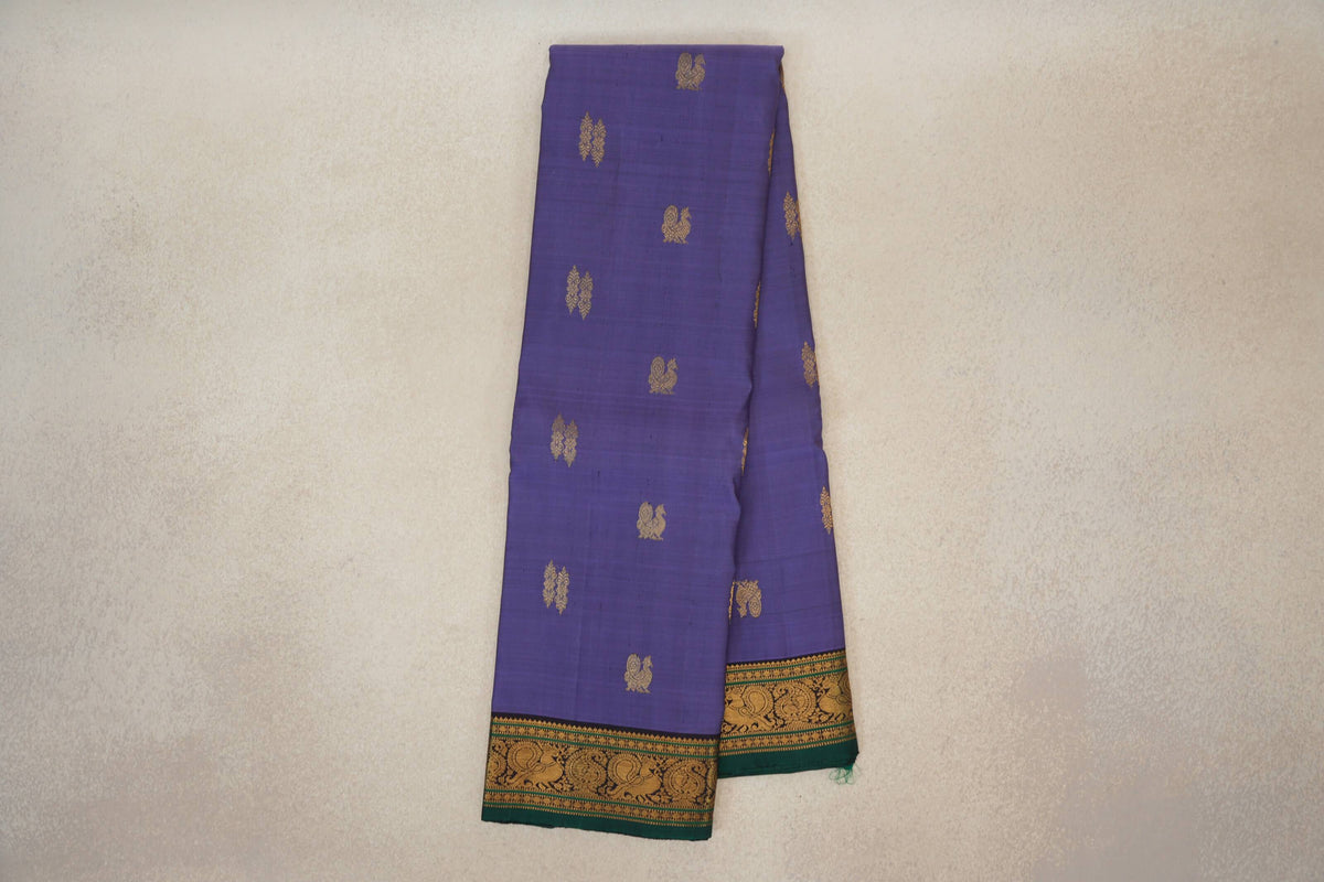 Online Dark Lavender with Deep Plum with Bottle Green Selvedge Borders Vintage Kanjivaram Silk Saree