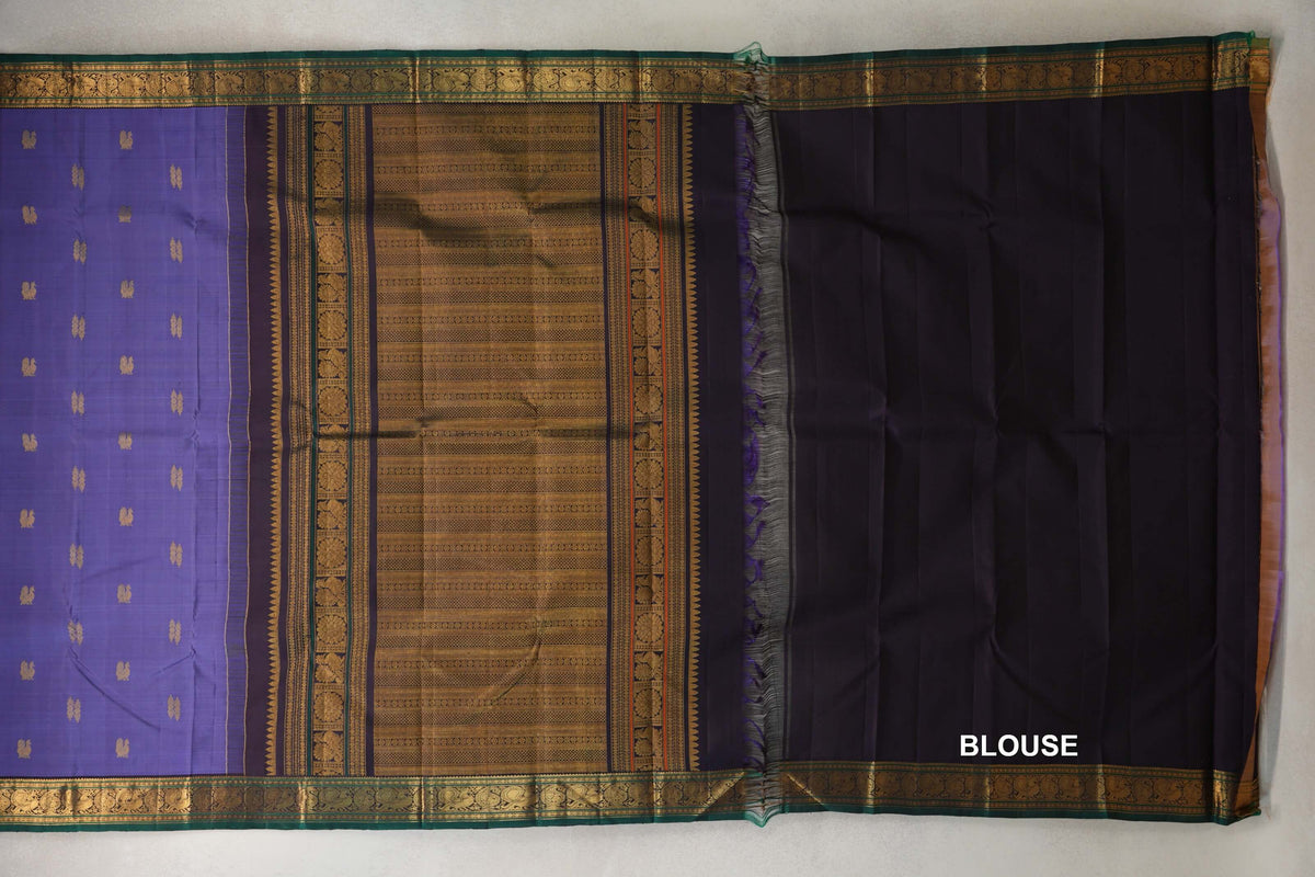 Dark Lavender with Deep Plum with Bottle Green Selvedge Borders Vintage Kanjivaram Silk Saree blouse