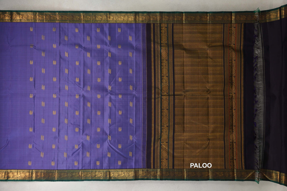 Dark Lavender with Deep Plum with Bottle Green Selvedge Borders Vintage Kanjivaram Silk Saree paloo