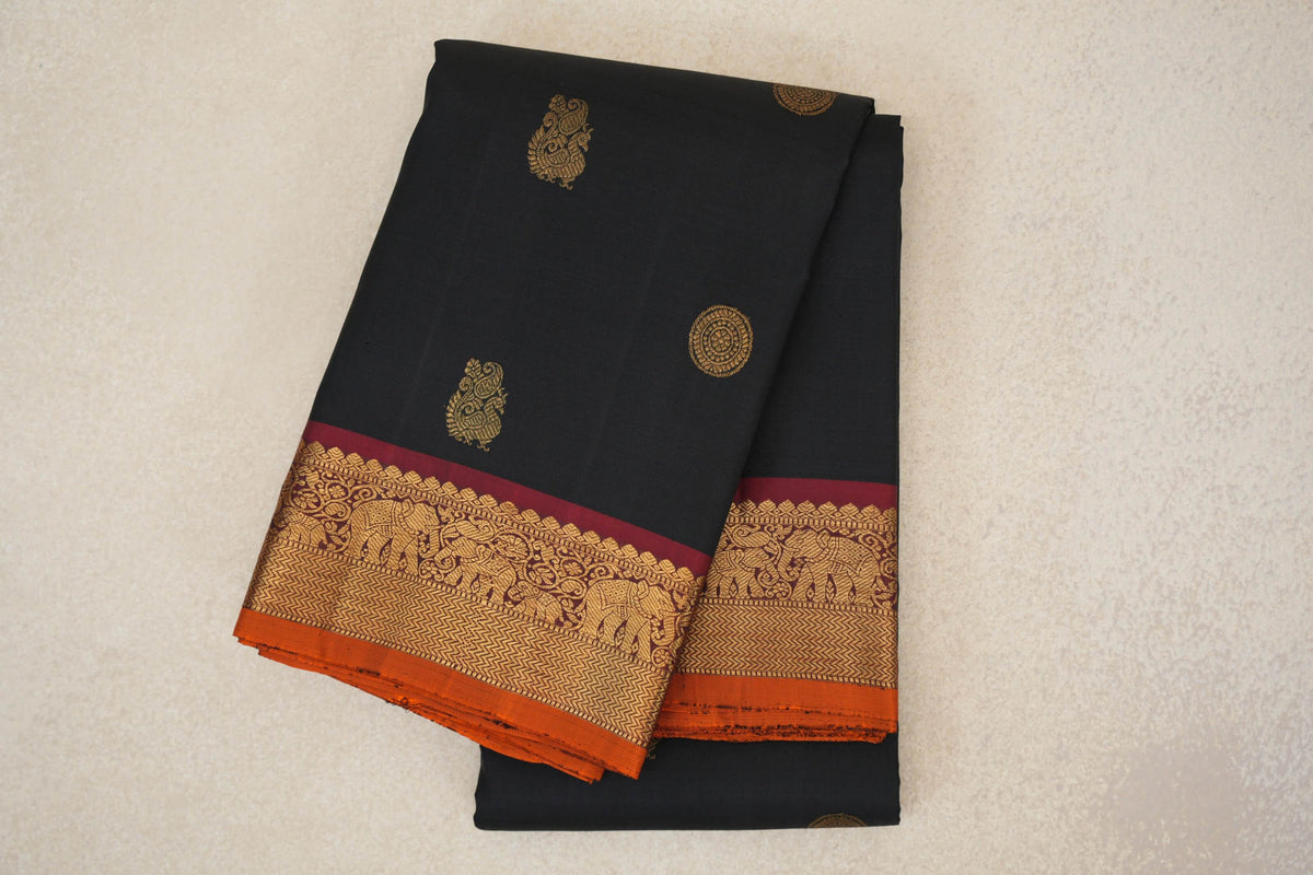 Black with Deep Maroon Borders Vintage Kanjivaram Silk Saree