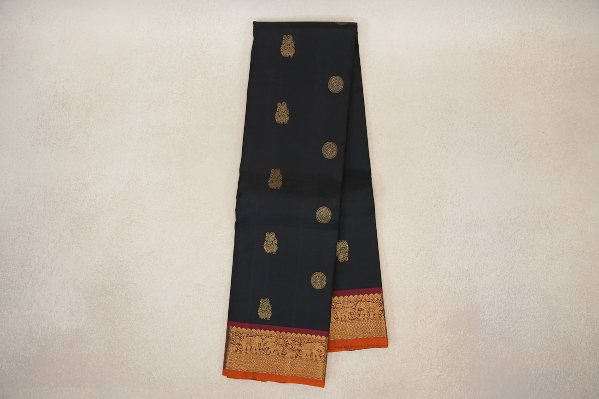 Online Black with Deep Maroon Borders Vintage Kanjivaram Silk Saree