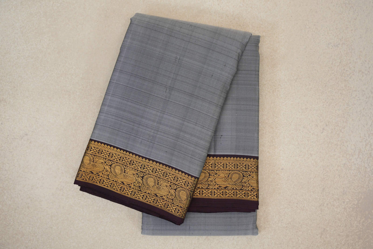 Silver Grey with Dark Plum Borders Vintage Kanjivaram Silk Saree 