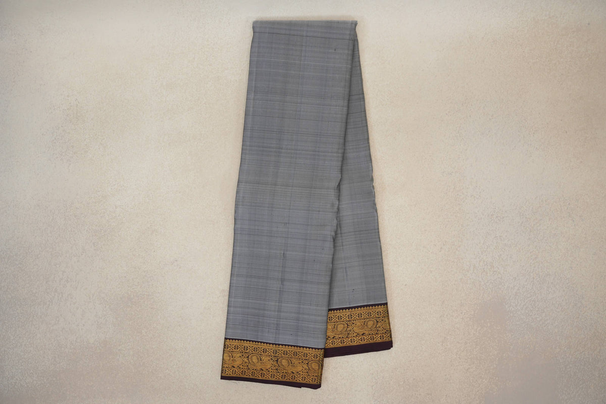 Online Silver Grey with Dark Plum Borders Vintage Kanjivaram Silk Saree 