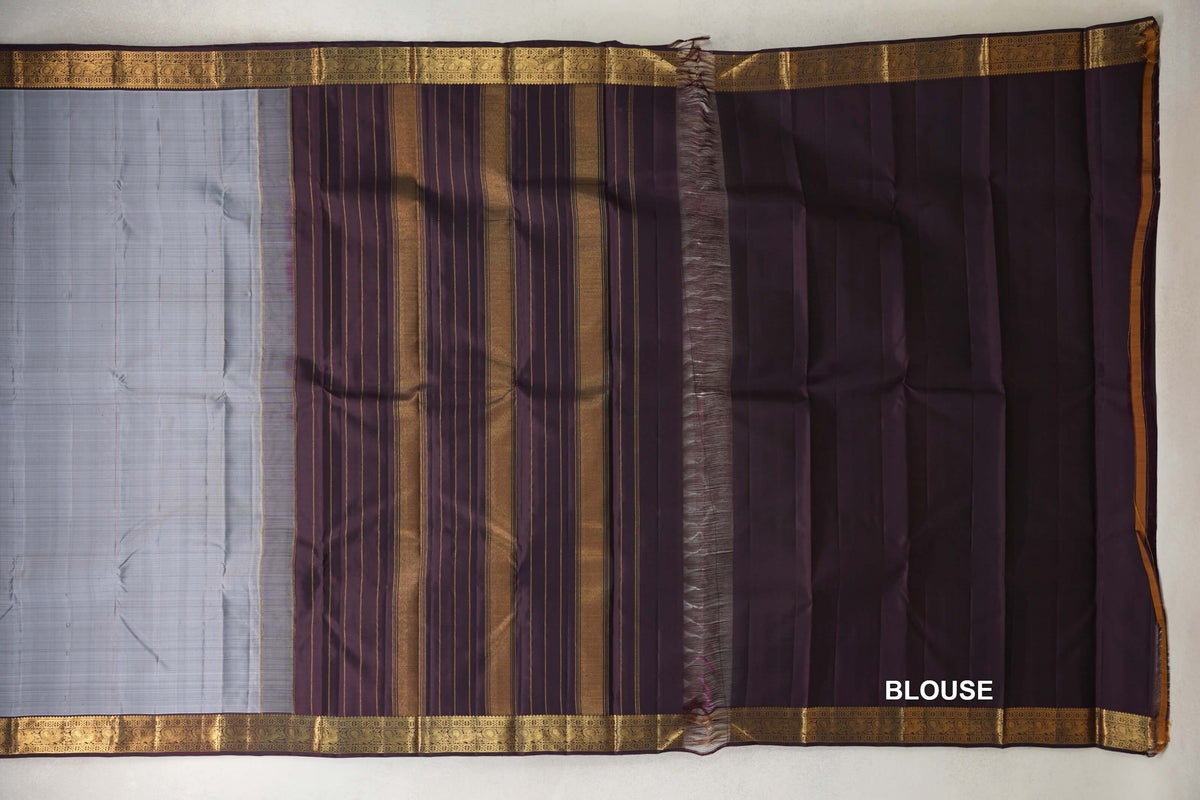 Silver Grey with Dark Plum Borders Vintage Kanjivaram Silk Saree blouse