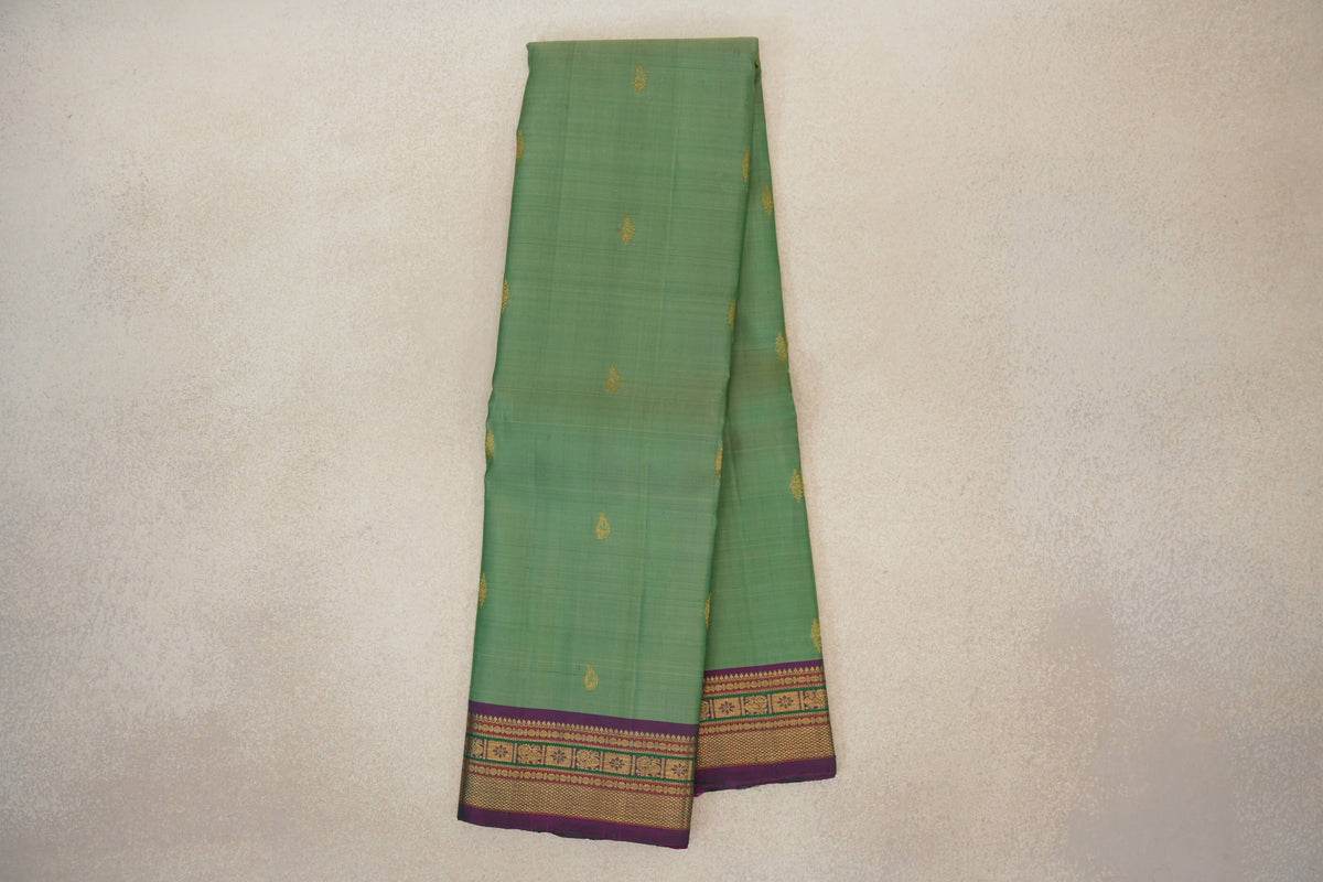 Online Pastel Green with Dual Tone Bottle Green and Magenta Borders Vintage Kanjivaram Silk Saree