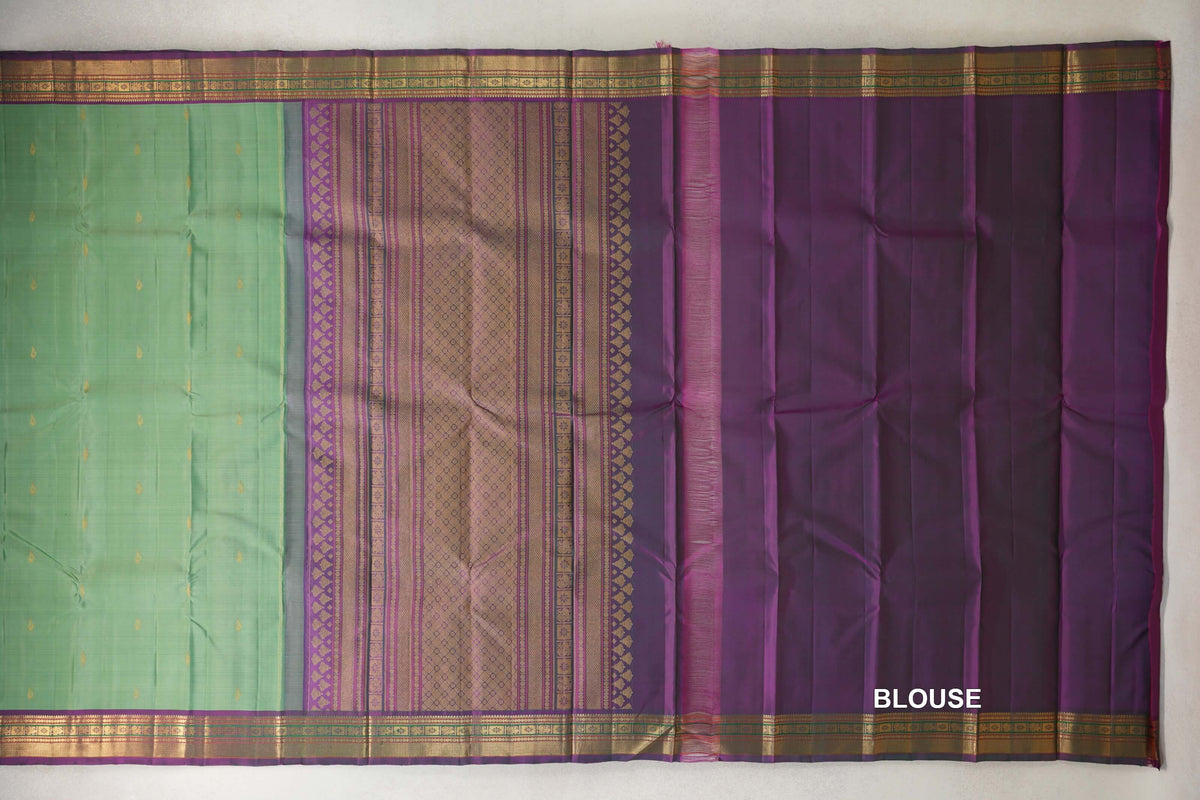 Pastel Green with Dual Tone Bottle Green and Magenta Borders Vintage Kanjivaram Silk Saree blouse