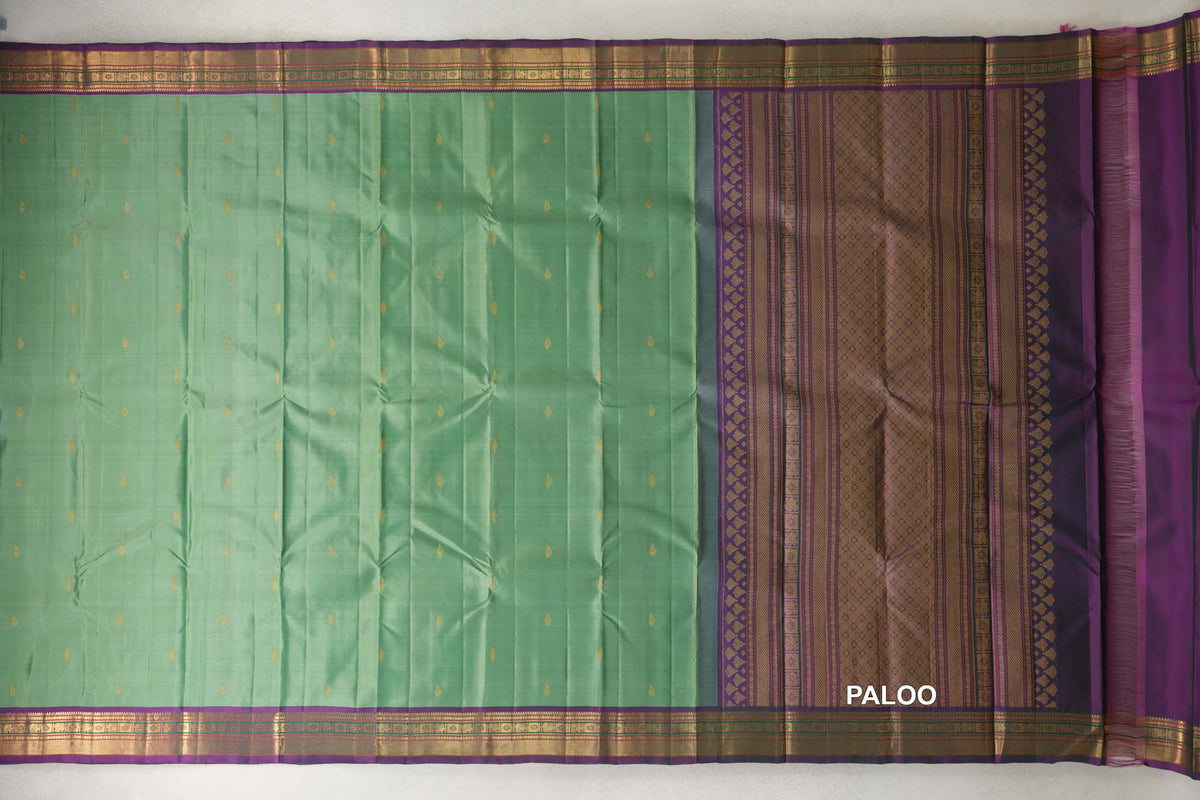 Pastel Green with Dual Tone Bottle Green and Magenta Borders Vintage Kanjivaram Silk Saree paloo